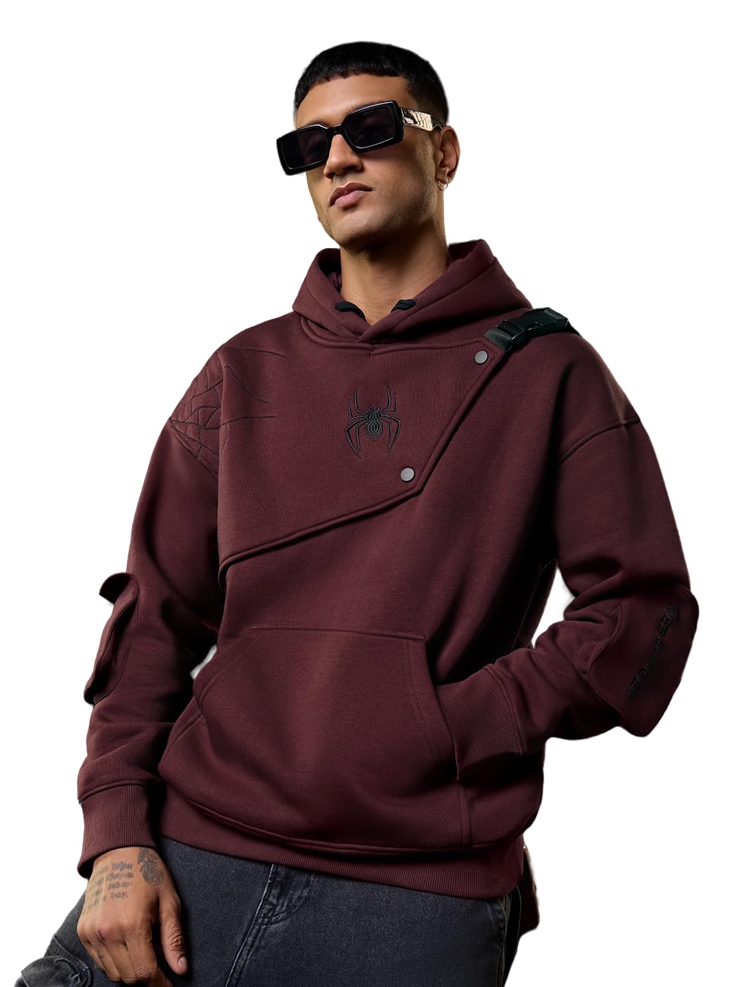 Spiderman: Spider Power Men and Boys Full Sleeves Hooded Neck Maroon Embroidered Cotton Blend Oversized Fit Winter Wear Pullover Hoodie-image-14