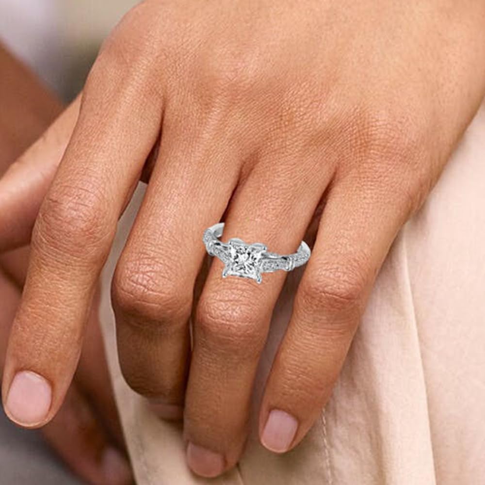 Blocaci Princess Cut Engagement Rings for Women White Gold Moissanite 1-1/3 Carat(ctw) Engagement Rings Platinum Plated Silver 10K 14K 18K Gold Wedding Anniversary Promise Rings with Text Engraving