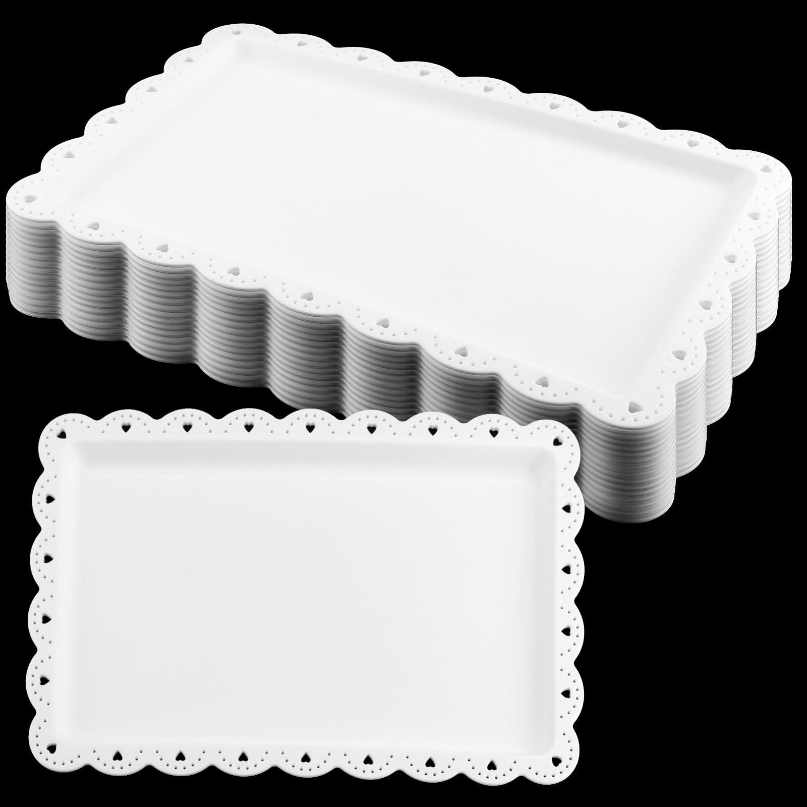 Set Di 16 Vassoi Rettangolari In Plastica Bianca Con Bordo Pizzo – 36x23 Cm Per Feste, Frutta E Dolci