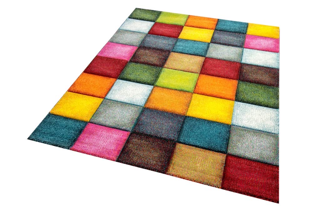 Tapis moquette salon moderne karo gris jaune bleu rouge Größe 80x150 cm