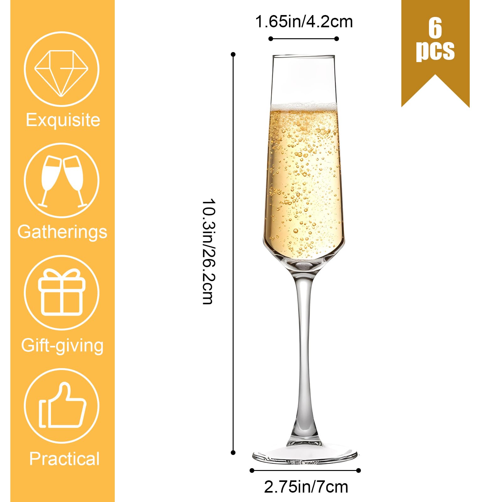 Kristall-Sektgläser, mundgeblasen, elegante Champagnergläser, 185 ml, für Geburtstag, Hochzeit, Jahrestag, transparente Champagnergläser für Feiern und besondere Anlässe, 6 Stück