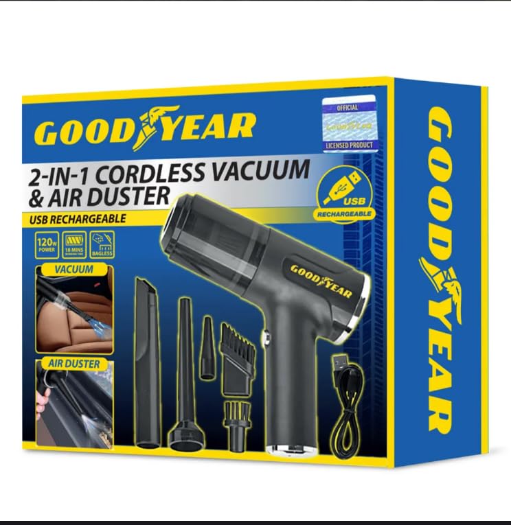 Goodyear 2-in-1 Cordless Vacuum & Air Duster, USB Rechargeable, 120w Power