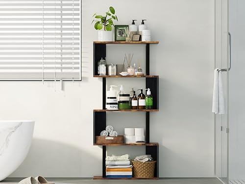 Miniatura 7 de ALISENED Estantería geométrica de 5 niveles, moderna estantería negra en forma de S y estante para libros, estante de exhibición independiente de