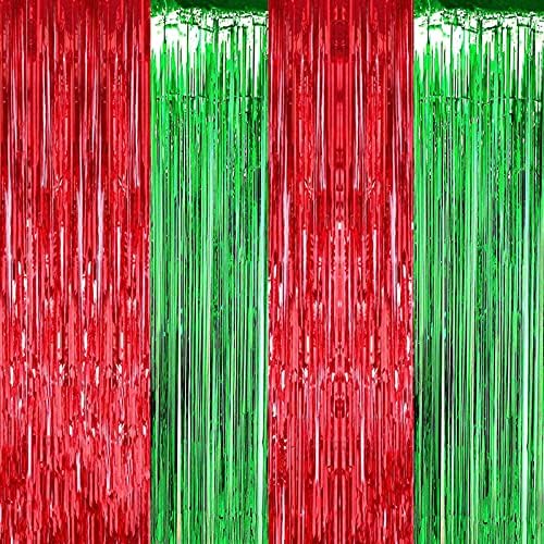 Mienocol 4 Packs Christmas Tinsel Foil Fringe Curtains 3.2ft x 6.5ft Red Green Fringe Curtains Streamers Backdrop for Christmas Party Photo Backdrops Props Christmas Theme Decorations