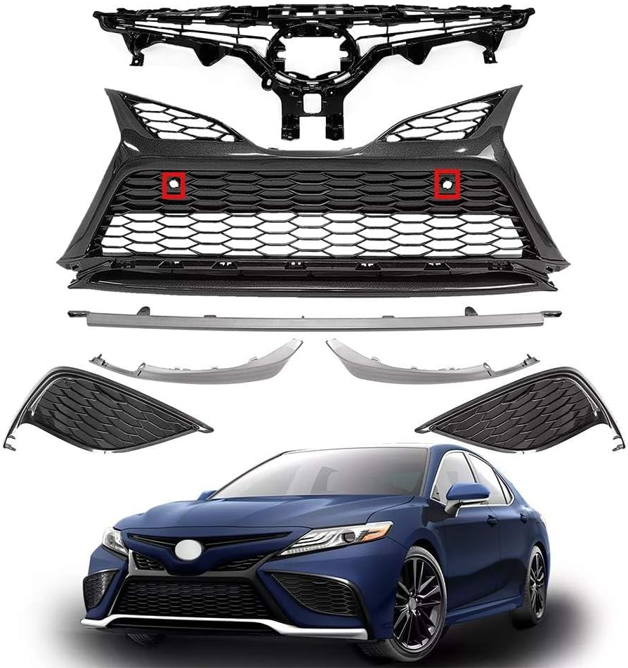 Bewild For Toyota Camry Front Grille Assembly & Fog Light Bezel Cover & Bumper Lower Molding Trims 7pcs Set Fit For Toyota Camry SE 2021 2022 2023 Front Bumper Body Kit Replacement