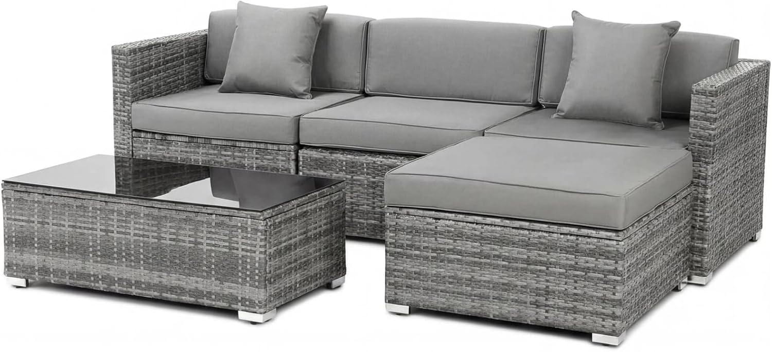 Clevich 5Pcs Rattan Garden Furniture Sets, All-Weather PE Wicker Corner Sofa Set with Glass Coffee Table & Washable Cushions, Patio Outdoor Lounge Conversation Set for Garden, Balcony, Terrace
