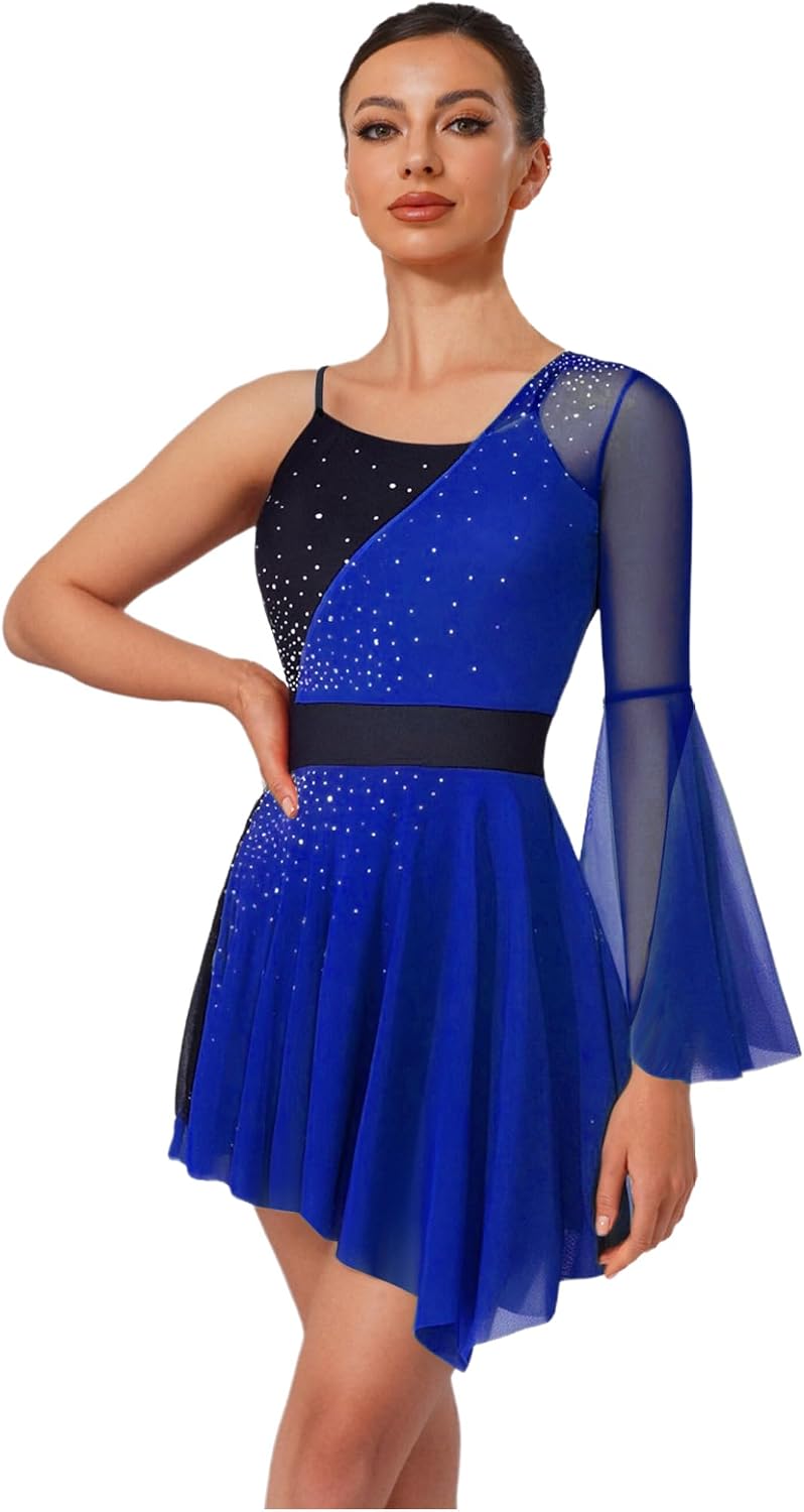 Women Figure Ice Skating Dress Adult Sparkly Rhinestone Lyrical Ballet Leotard Performance Skirt
