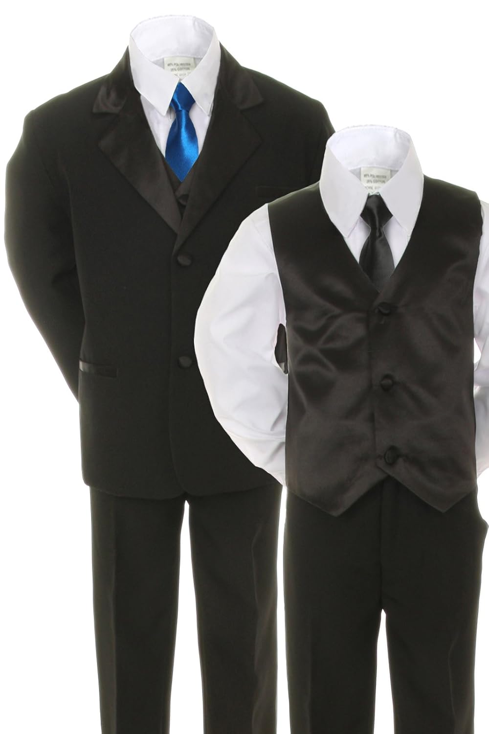 6pc Boy Black Suits Tuxedo Satin Royal Blue Necktie Vest Set Baby to Teen (10)