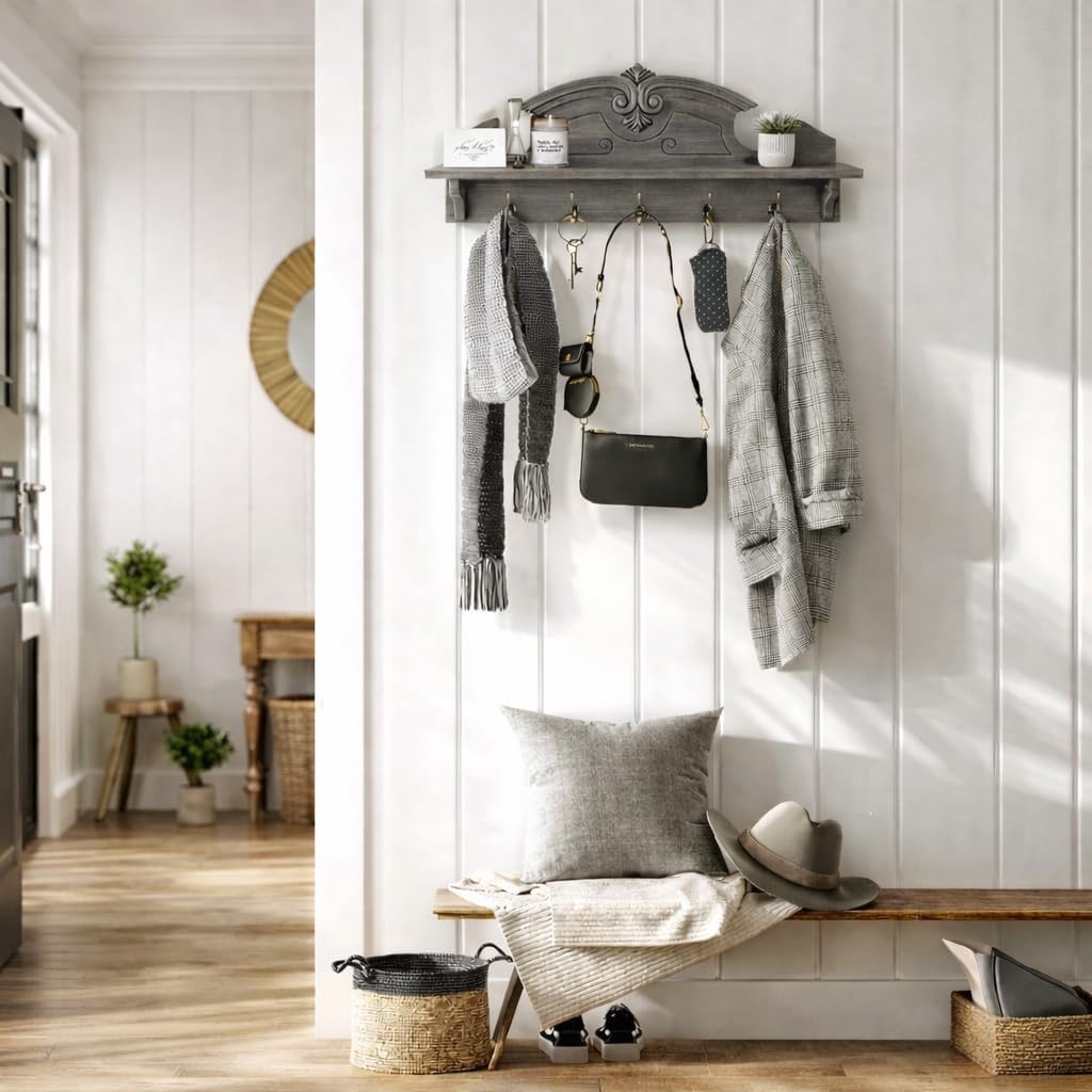 Felt Creative Home Goods Gorgeous 24" Farmhouse Coat Hanger Wall Mount with Shelf and Hooks for Entryway - Wall Mounted Rack for Hanging Coats, Jackets, Purses, Keys (Charcoal Brown-Gray)