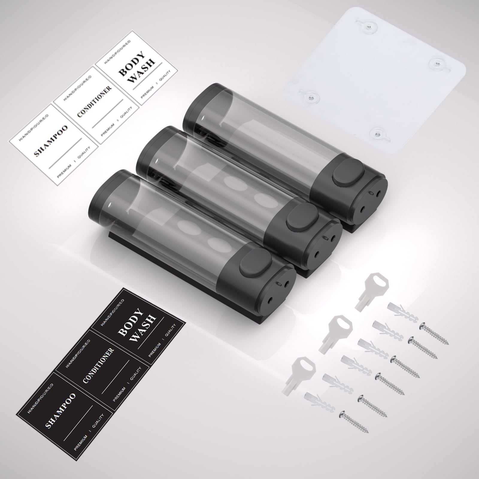 3-Chamber no-Drill Shower Dispenser - Wall Mounted soap Dispenser for Bathroom, Perfect for Shampoo, Conditioner - Easy-to-use Plastic soap Dispenser,Black,Hotel Large Capacity (Black)