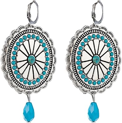 Handmade Turquoise Bohemian Dangle Earrings for Women Vintage Statement Silver Teardrop Earrings Turquoise Geometric Ethnic Earrings Vintage Country Western Jewelry