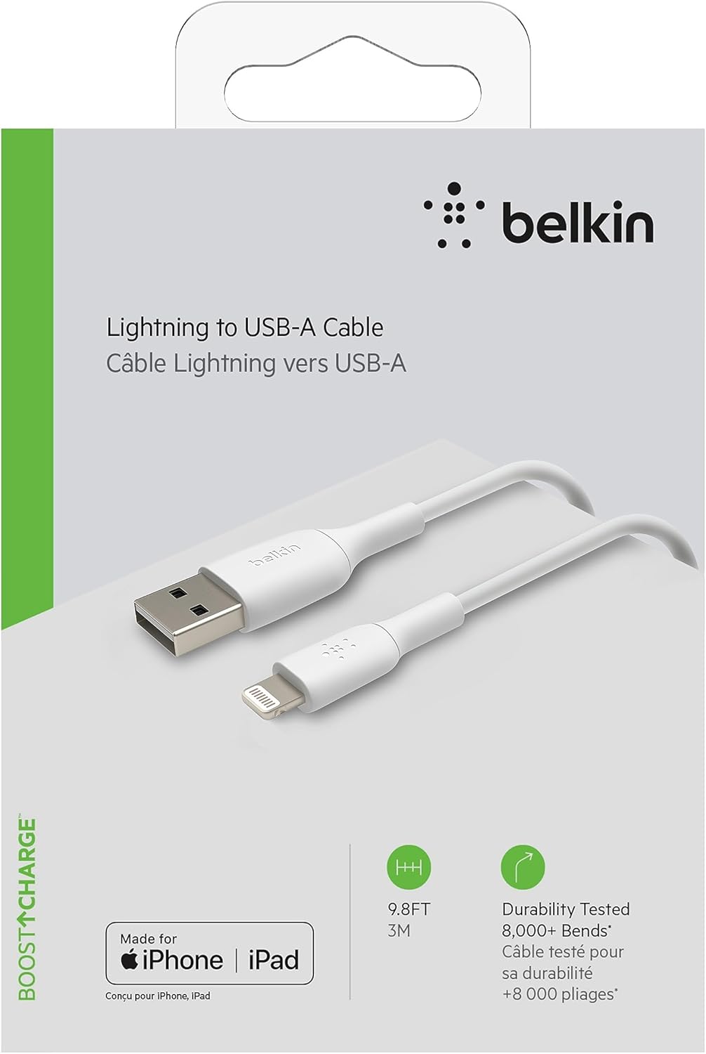 Belkin BoostCharge Lightning Cable - 9.8ft/3M - MFi Certified Apple iPhone Charger USB to Lightning Cable - iPhone Cable - iPhone Charger Cord - Apple Charger - USB Phone Charger - White (Pack of 4)