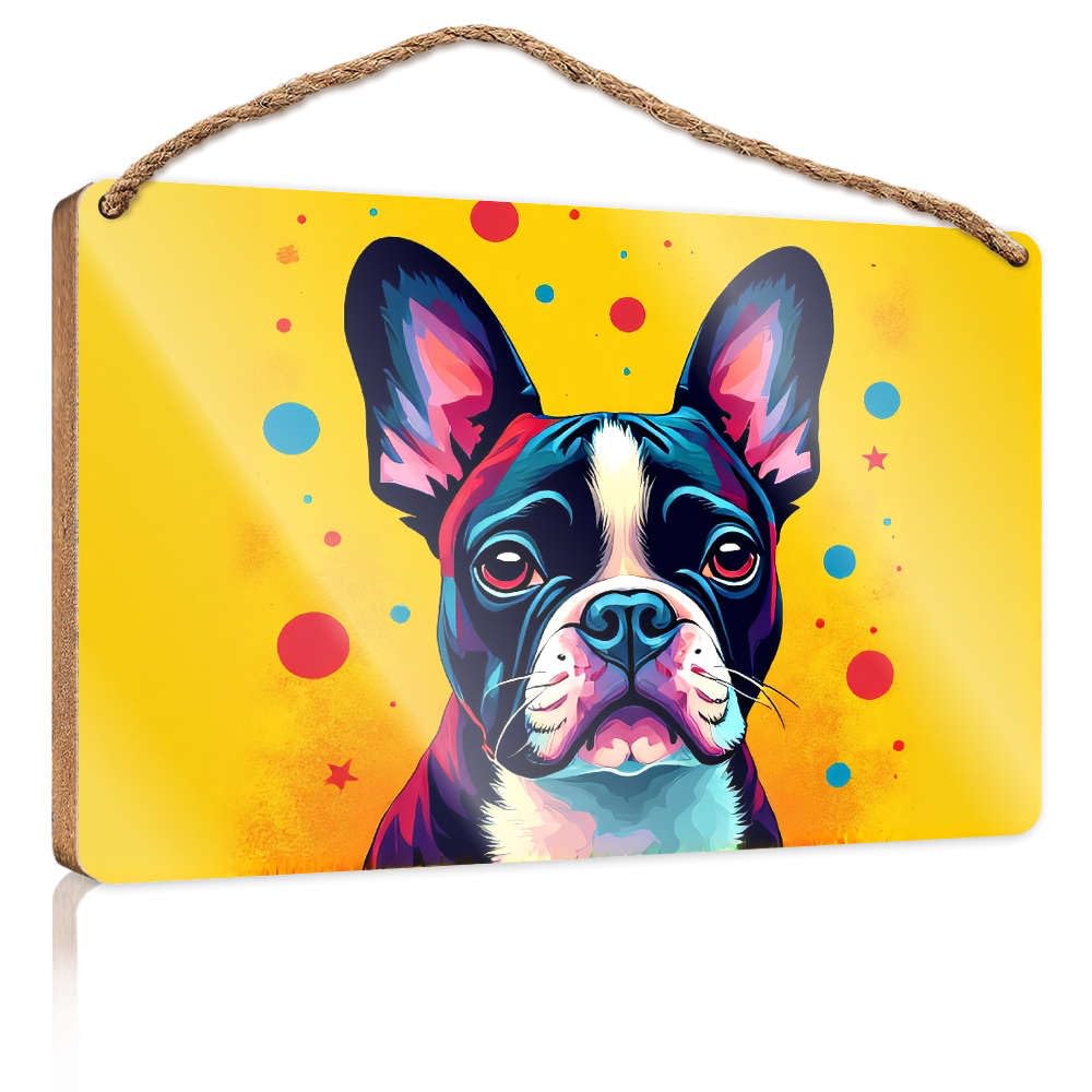 Hanging Decor Sign Colorful Boston Terrier On A Vibrant Background. Funny Sign Decor Funny Wood Hanging Sign(23X35CM)
