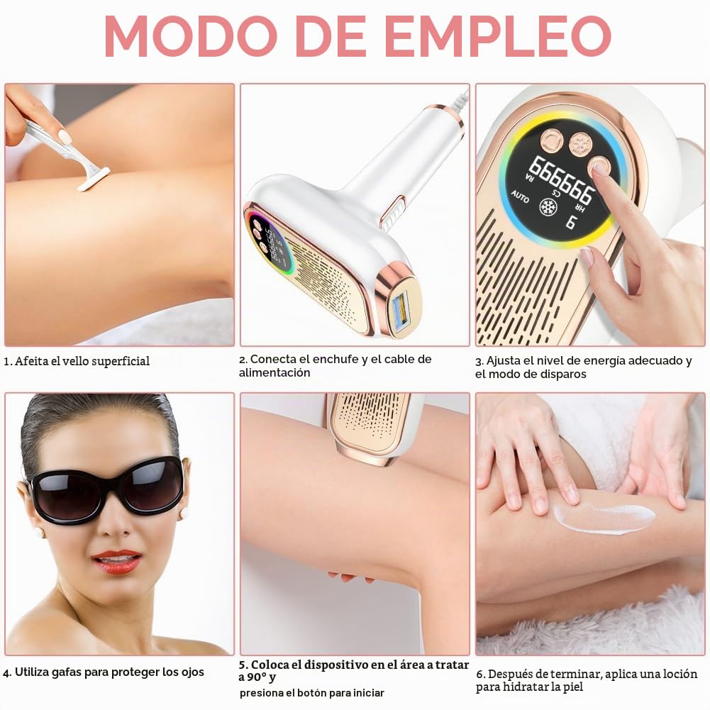 AOOWU Depiladora Laser IPL, 3 en 1 Laser Depilacion con Mode HR/SC/RA, Energía Depiladora Luz Pulsada con 9 Nivel, Laser Depilacion para Labio Superior, Cara, Axila, Brazo, Línea del Bikini, Pierna
