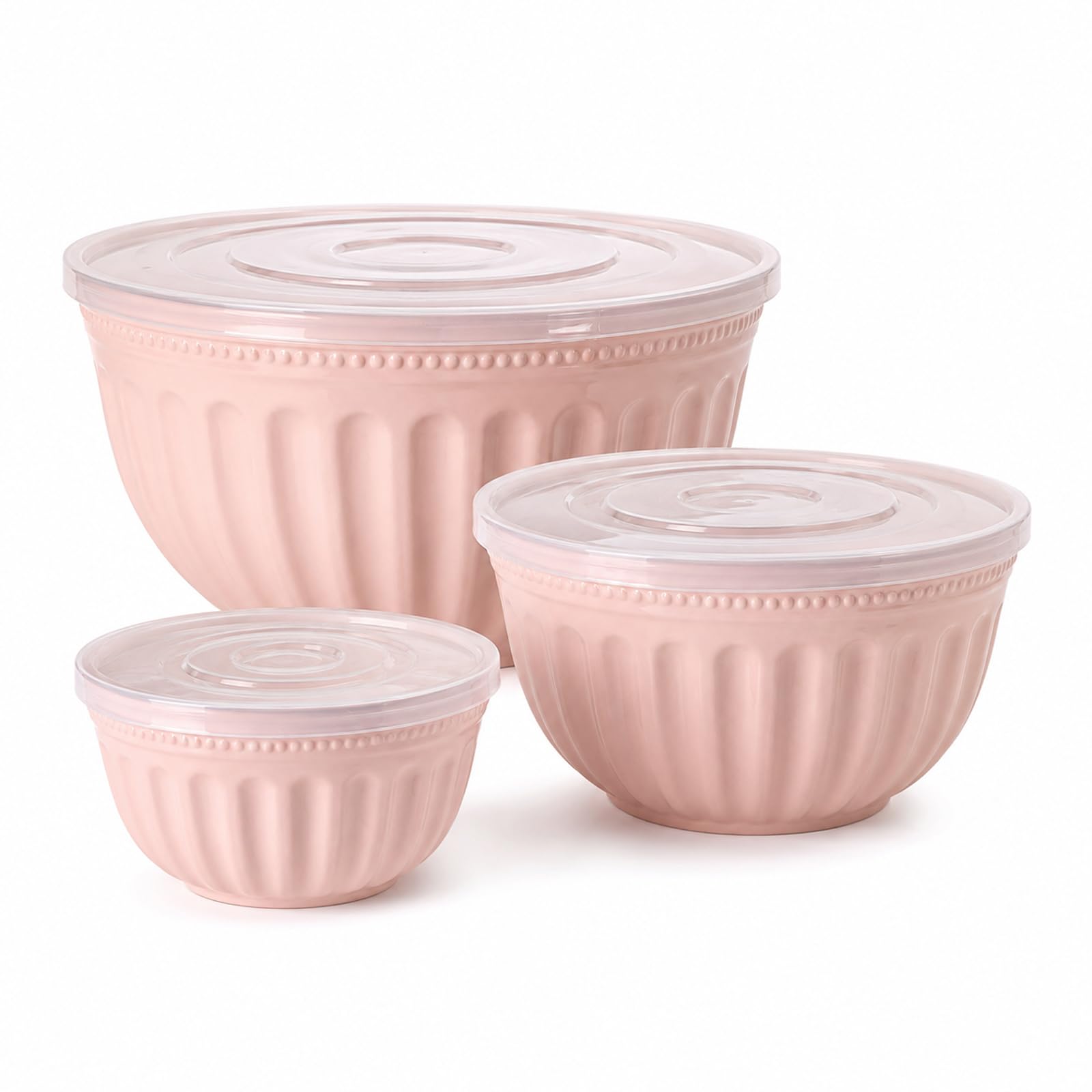 Set di 3 ciotole per insalata con coperchio, in plastica, senza BPA, impilabili, grandi ciotole per cucina, set di ciotole per miscelare, servire e conservare (rosa)