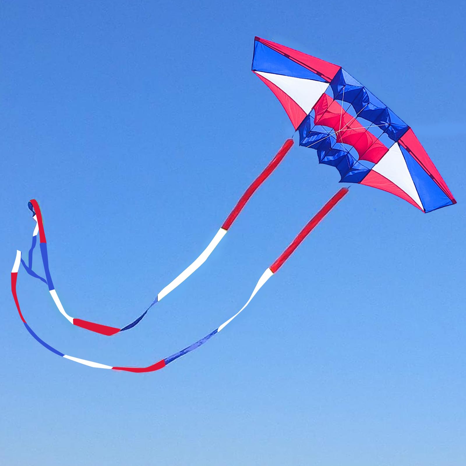 beach kites for adults large with long tail, 98 inches super easy flyer 3d rainbow box kites, comes with two 49 feet multi colors tails, 300 ft kite string & handle