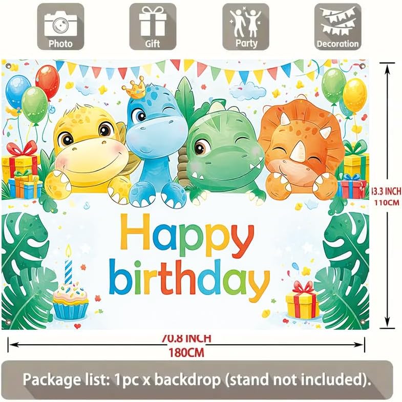 Happy Birthday Dinosaur Theme Banner (71x43 Inches), Large Party Backdrop for Yard Fence Patio Decoration, Four Cute Dinosaurs Outdoor Backdrop