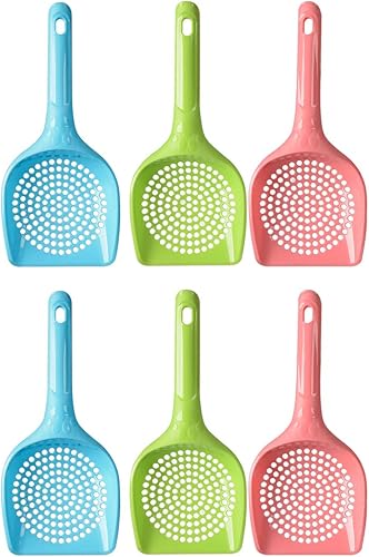 Cuchara pequeña de plástico para gatos, pala profunda duradera y mango largo para tamizar la arena de gatitos (paquete de 6 colores al azar)