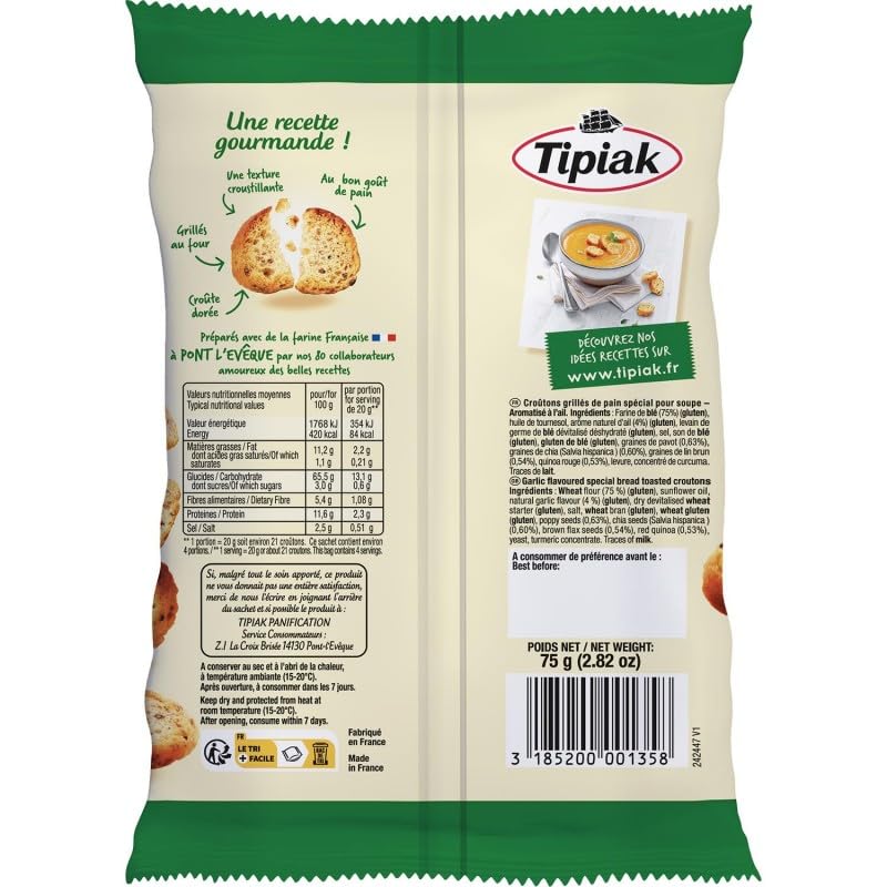 Délice Croustillant: Croûtons de Pain Ail Tipiak 75g - Idéal pour Sublimer vos Soup - Saveurs Gourmandes et Croustillantes - Le Lot De 4