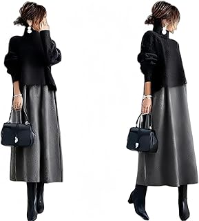 [YUANYUAN] レディース ２点セット ニットセーター＆フレアスカート 上下セットアップ スカートスーツ 秋服 冬服 ハイネック 長袖 切り替え ロング丈 aライン カジュアル ゆったり 大人 可愛い オシャレ 春 秋 冬