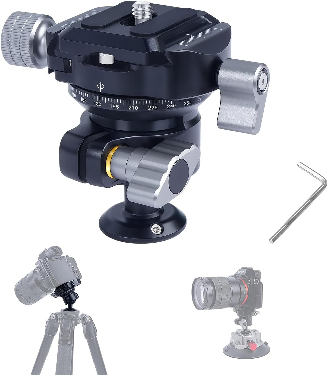 360 Ball Head Tripod Mount with Dual Panoramic Rotation, CNC Aluminum Alloy Camera Tripod Head for DSLR/Mirrorless/Sports Cameras, 10kg Load Capacity & Quick Release Plate - 61038