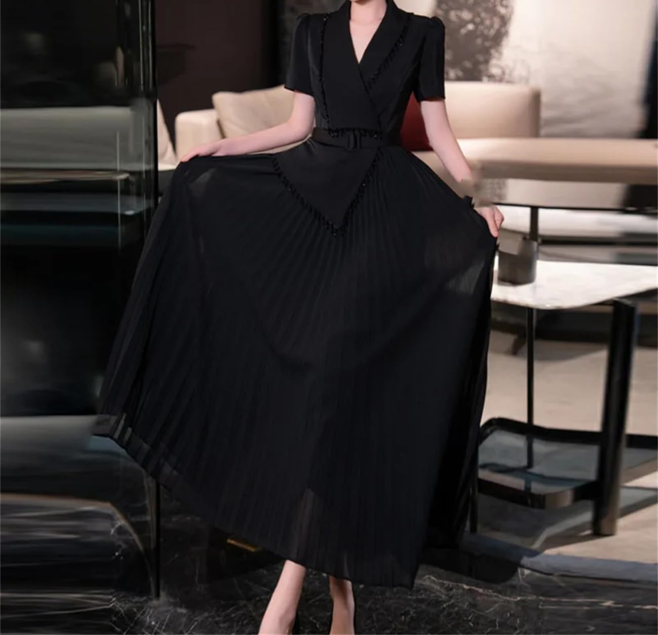 Yeuyyben Moda pieghe irregolare vestito donna girare giù collare manica corta cintura abiti