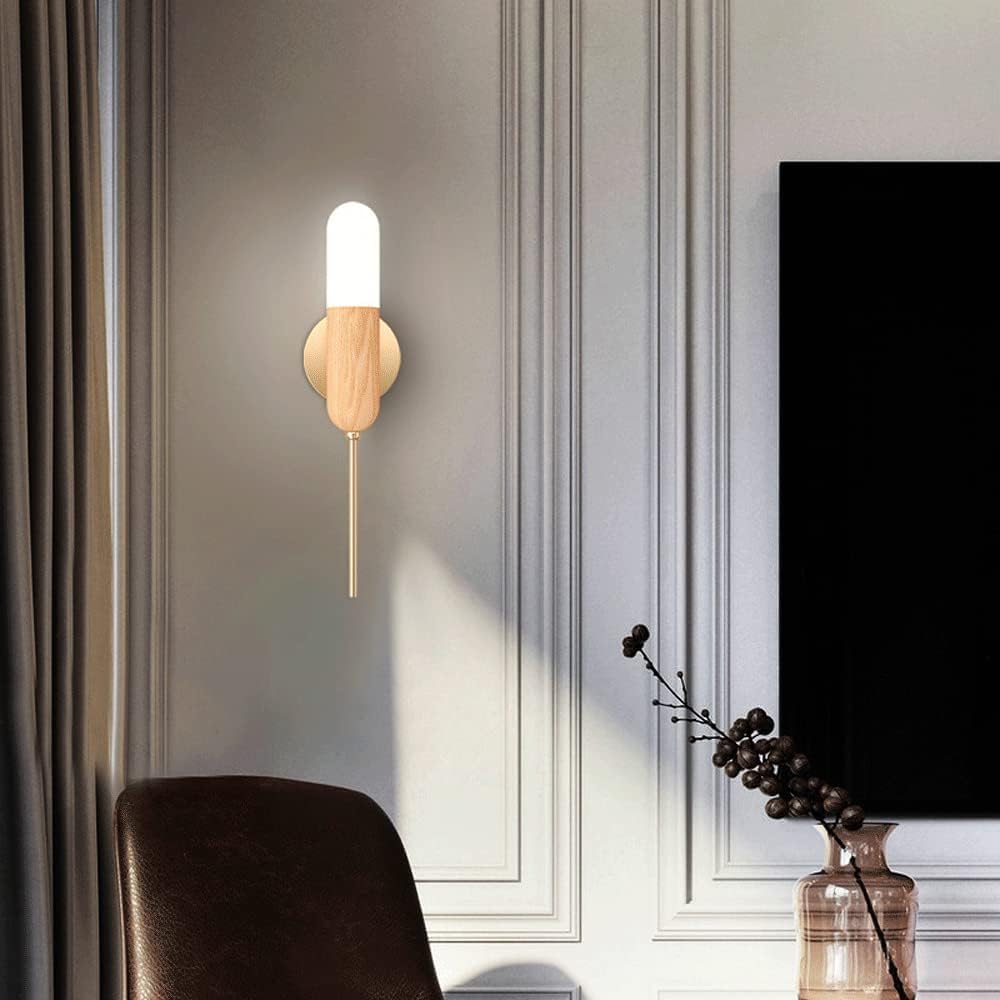 Modern Home Decoration Mid Century LED Linear Wall Light Brass Long Strip Wall Sconce Dimmable 7W Long Pole Farmhouse Wood Lighting Bedside Wall Mounted Lamp for Bedroom Living Room Entryway