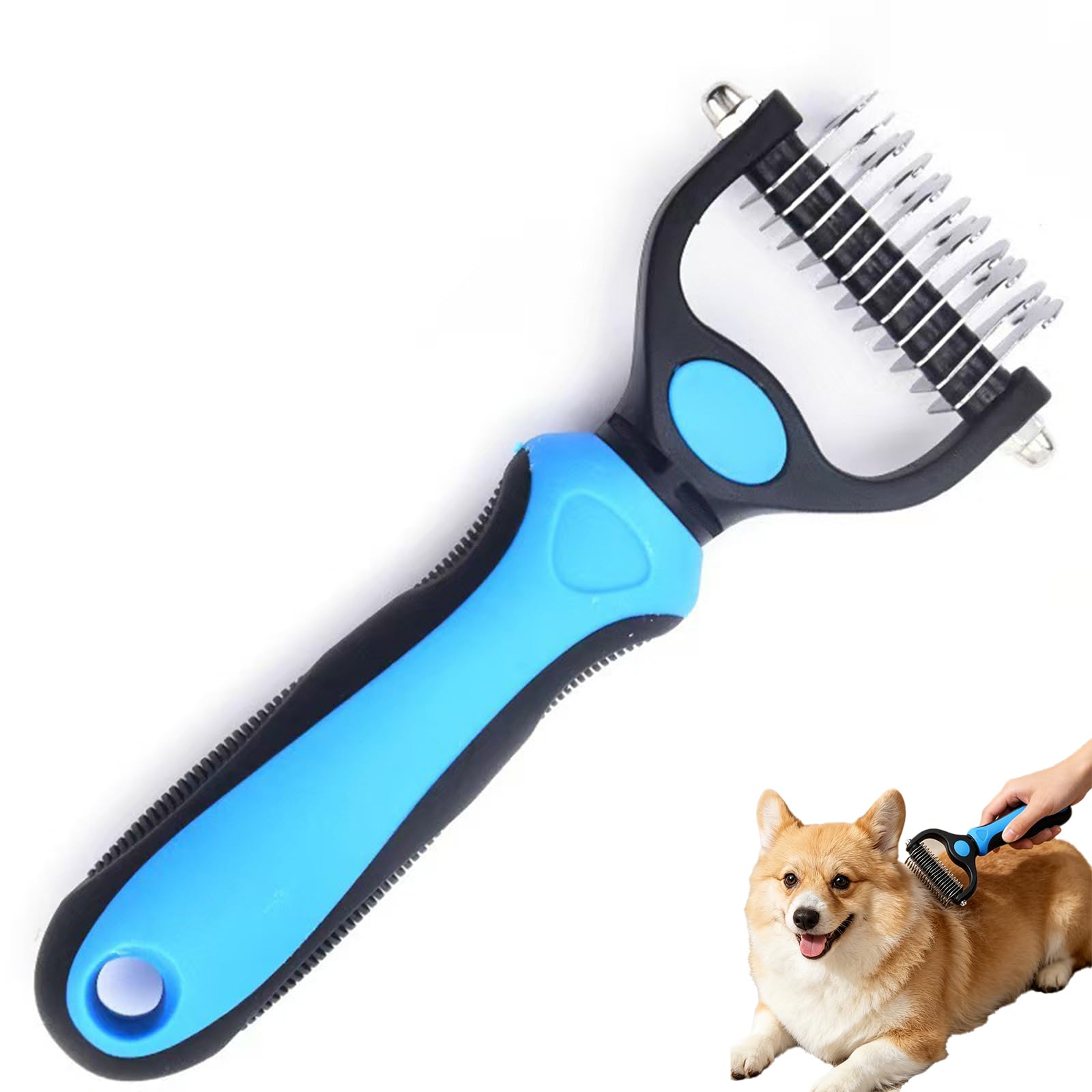 Dual-Sided Pet Dematting Comb,Pet deshedding brush,Stainless Steel Grooming Rake,Double-Edge Deshedding Tool with Long & Short TeethProfessional Mat Remover for Dogs Cats(Blue, S)