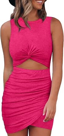Acelitt Womens Tank Dresses Cut Out Bodycon Mini Dress | Ruched, Twist Front, Beach Sundress, Spring Summer Outfits for Vegas, Date Night, Party, Evening, Going Out, Vacation, Cruise