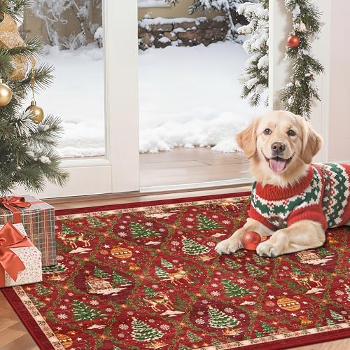 Madane Christmas Area Rug 2x3, Small Washable Red Entryway Carpet Xmas Holiday Decor Accent Kitchen Non Slip Soft Low Pile Floor Doormat Indoor Throw Rug Entry Bedroom Entrance