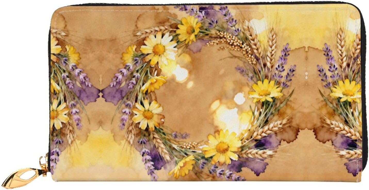 wreath pattern Long Zip Around Wallet for Women, Large Capacity RFID Leather Wristlet Wallet with 12 Card Slots Coin Purse, Fashion Clutch Purse with Wrist Strap