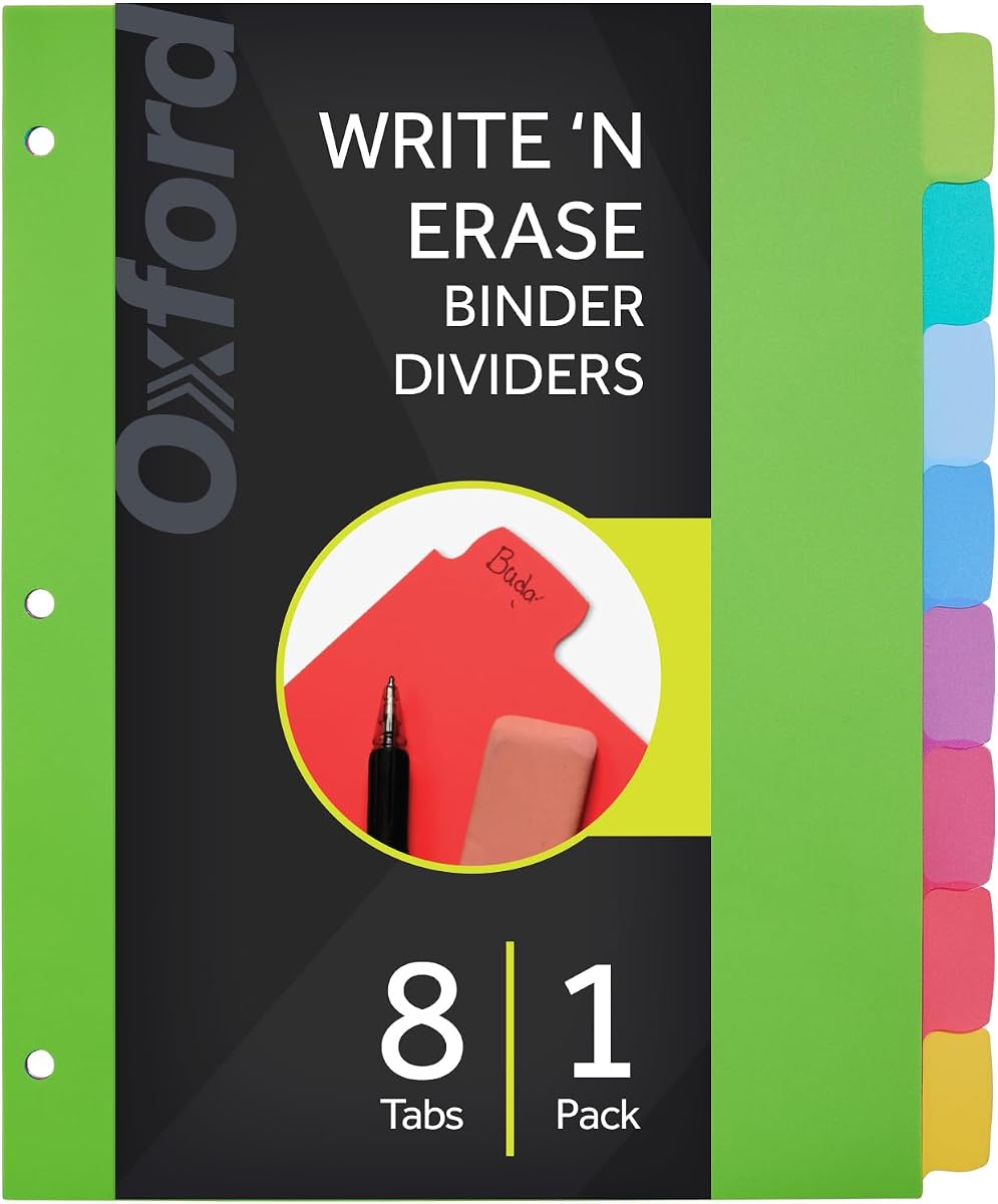 Oxford Plastic Binder Dividers, 8 Write & Erase Tabs, Bright Colors, 8.5x11 | Label tabs in pen or pencil, erase, and relabel as classes change. Tough poly outlasts paper dividers. Fits any binder.