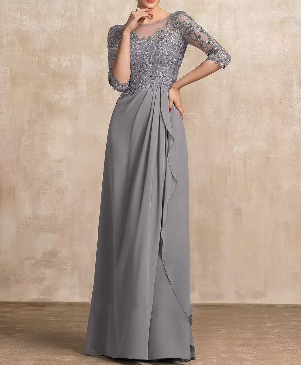 Mother of The Bride Dress 3/4 Sleeve Chiffon Laces Appliques Ruched Formal Evening Gowns - Image 2