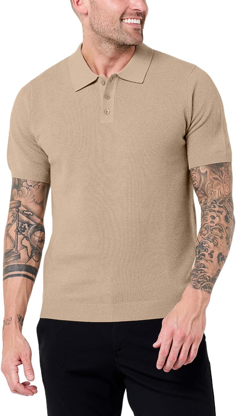 INTO THE AM Vista Men's Sweater Polo - Short Sleeve Knit Polo Shirt Textured Collar Tailored Fit 4-Way Stretch Cotton