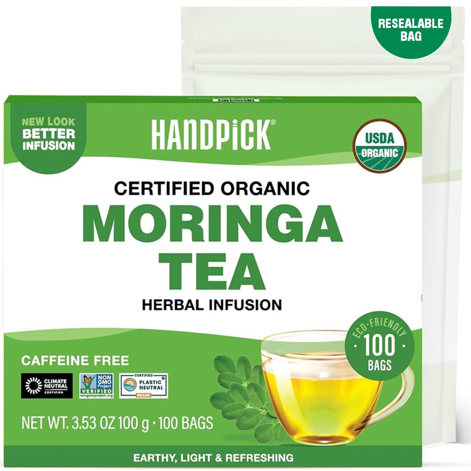 HANDPICK, Organic Moringa Tea Bags (100 Count), Pure Moringa Leaves | Authentic Indian Origin | Caffeine Free, Non GMO | Round Eco-conscious Teabags