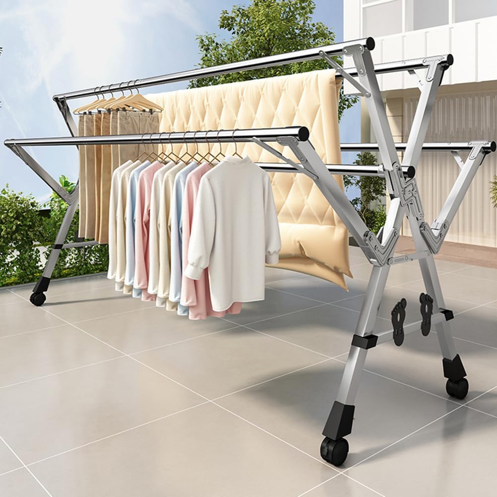 Heavy Duty 5-Pole Clothes Rack with Shoe Holder - Foldable Stainless Steel Laundry Drying Rack on Wheels - High-Capacity 1.6m/5.2ft Garment Hanger for Home Use