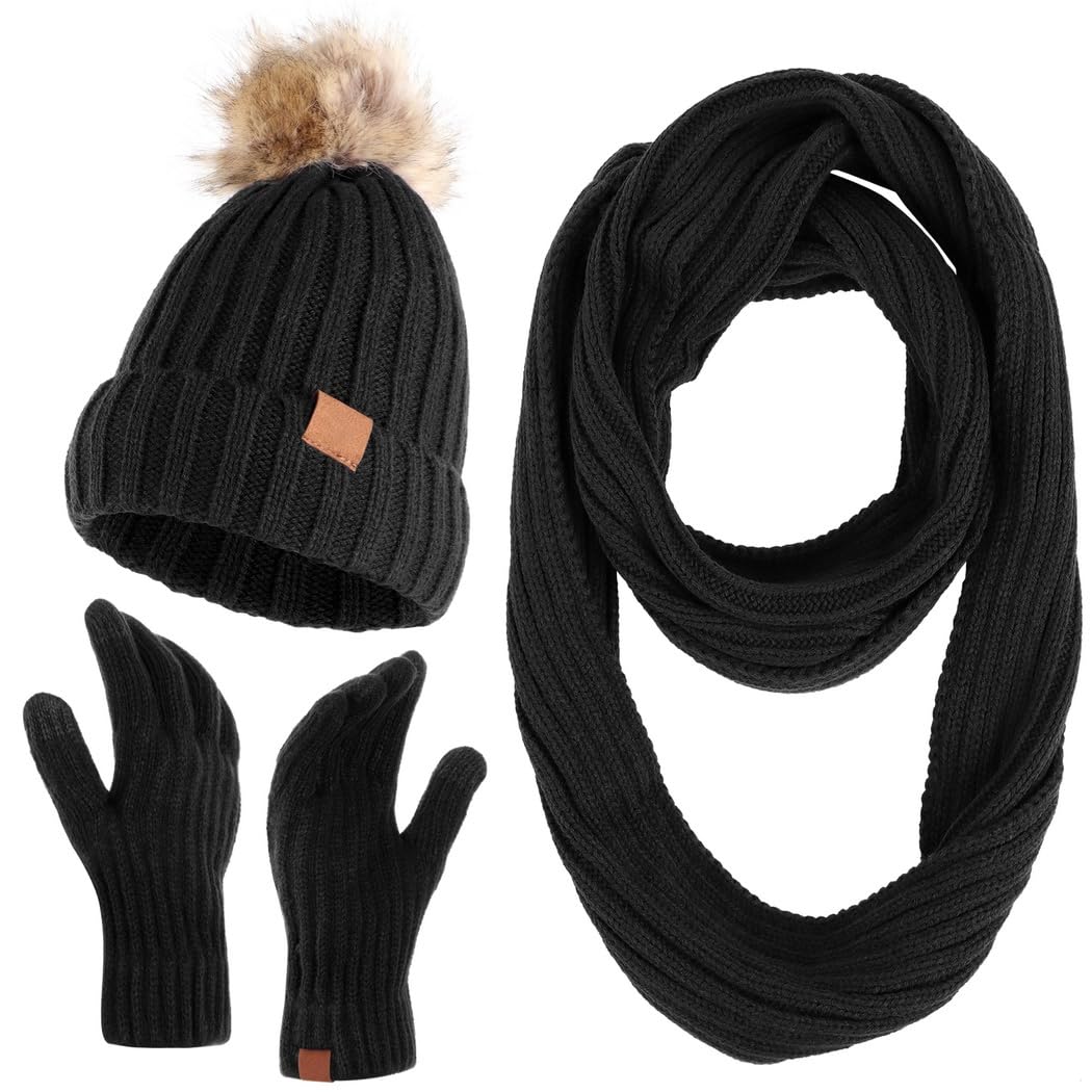 Cappello invernale da donna, guanti touchscreen, sciarpa foderata in velluto, accessori comodi per il freddo