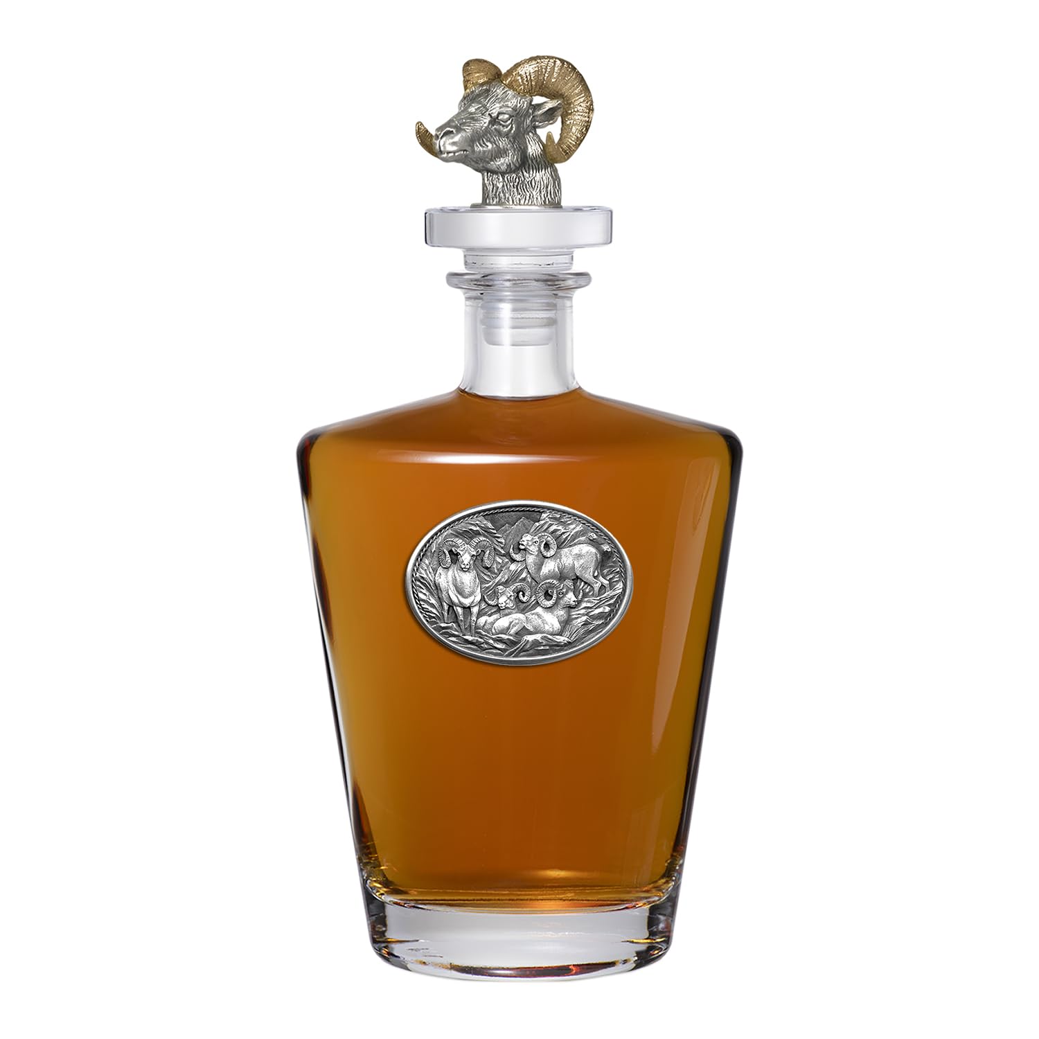 Heritage Pewter Four Bighorn Sheep Decanter with 3D Stopper | 30 OZ Liquor Pourer | Expertly Crafted Pewter Glass