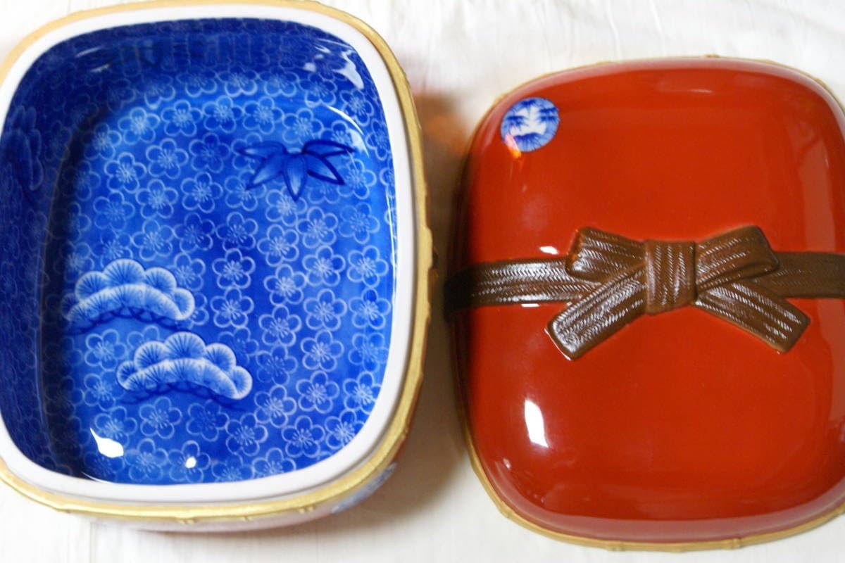 有田焼 深川製磁 陶箱 丸紋外赤 蓋物 重箱 菓子器 宮内庁御用達 -