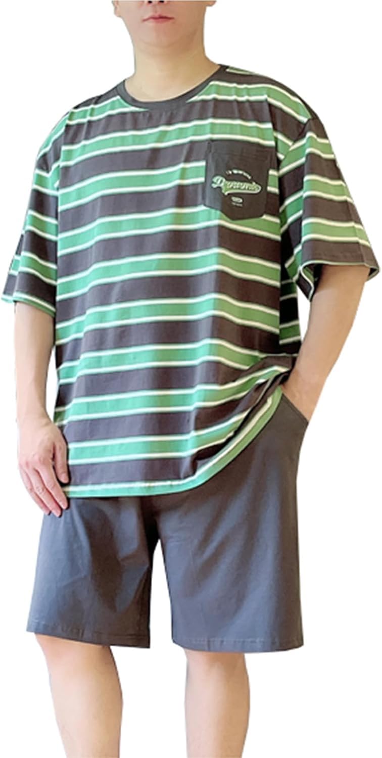 Generico Pigiama a Maniche Corte da Uomo Set Pigiama Estivo Corto 2 Pezzi Plus Size Righe con Tasche