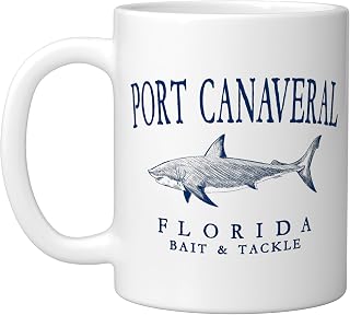 Port Canaveral Florida Shark Retro Navy Blue Art Fishing Ceramic Mug, White