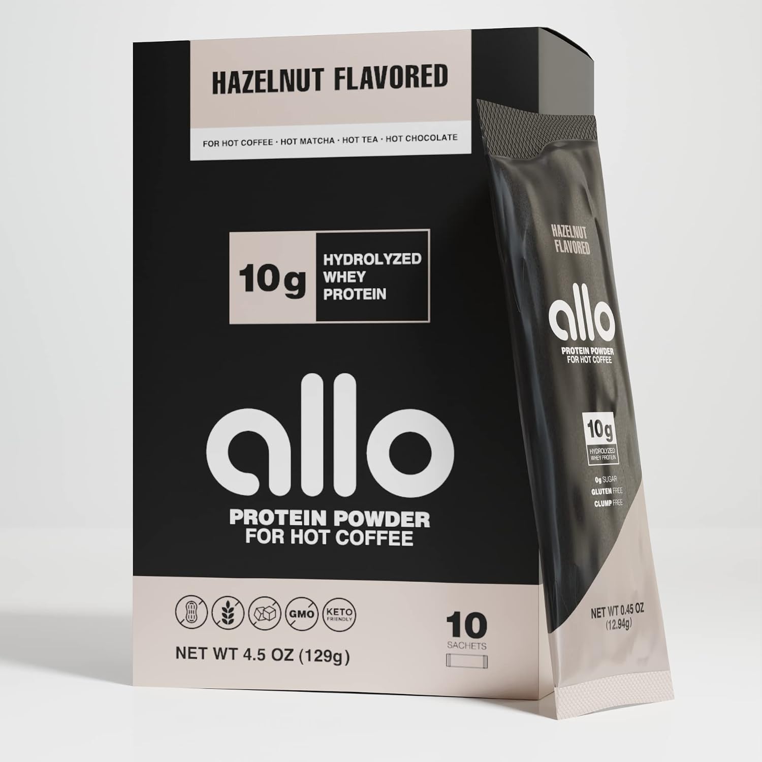 Allo Hazelnut Protein Powder for Hot Coffee | Gluten-Free, Clump-Free, Sugar-Free | 10 Grams of Hydrolyzed Whey Protein Powder | Dissolves in Hot Lattes, Matcha, Tea, Hot Chocolate | 10 Per Box