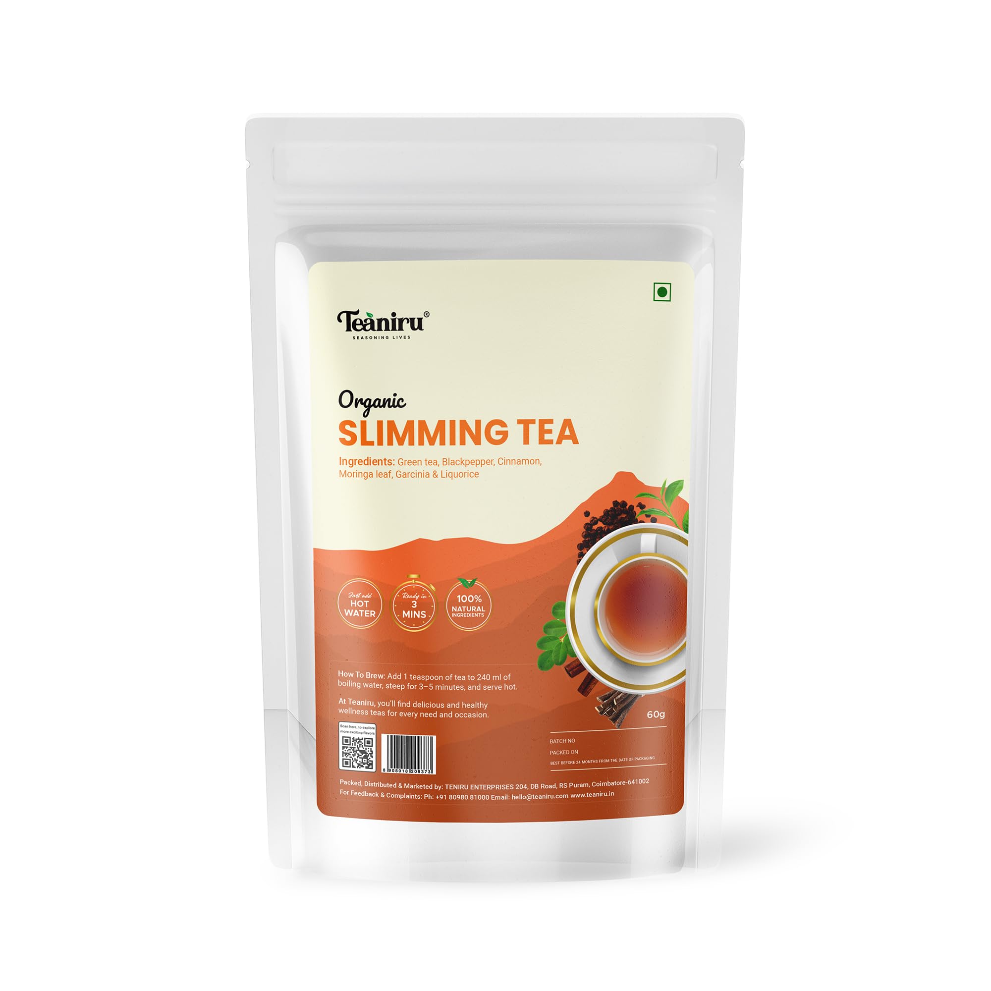 Teaniru, Slimming Tea – 60g Loose Leaf | Natural Herbal Tea for Weight Management, Boost Metabolism & Digestion | Blend with Green tea, Blackpepper, Cinnamon, Garcinia, Liquorice