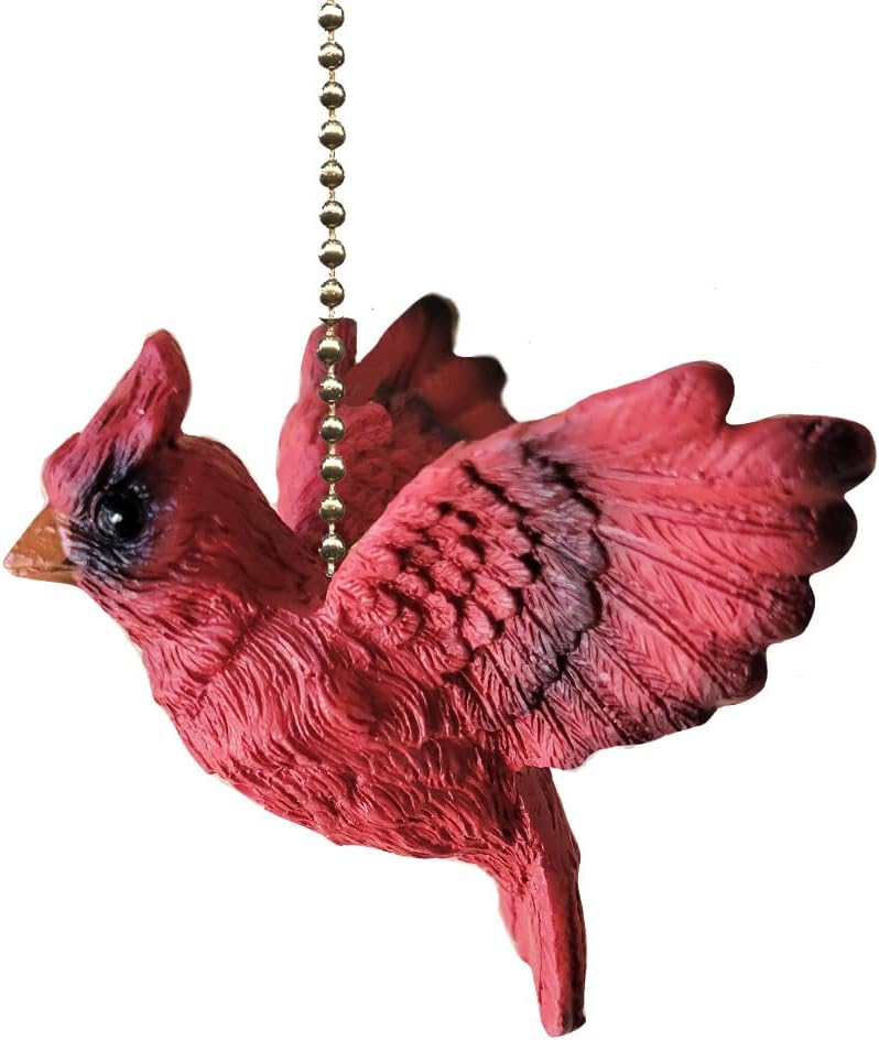 Clementine Designs Red Cardinal Bird Ceiling Fan Pull Chain Light Decorative Extension with 6" Gold Accent Chain, Made from Resin, 3D Design