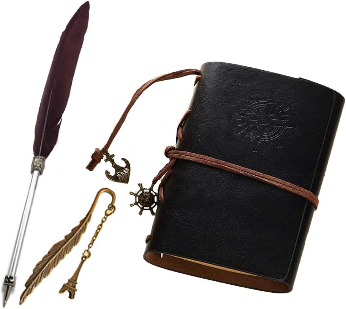 Refillable PU Leather Journal Notebook with Special Feather Ballpoint Pen and Bookmark, Unlined Paper Travel Diary Jotter, Handmade Leather Notepad, Vintage Art Sketchbook, Punk Cover (black)