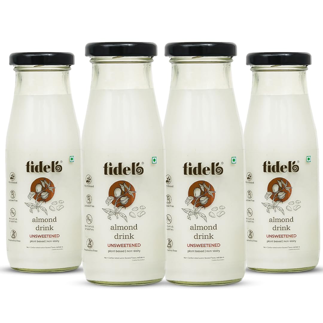 Fidelo Almond Drink | Unsweetened | Glass Pack | Free from Gums and Emulsifiers | Lactose Free | Zero cholesterol | No Added Preservatives | Pack of 4 | 200 ml each (B0D17RRQHV) Amazon Price History, Amazon Price Tracker