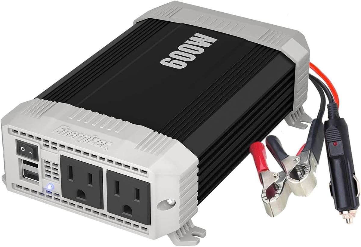 Inversor de corriente para automóvil de 600 vatios, 12 V CC a 110 V CA, onda sinusoidal modificada, 2 salidas, 2 puertos USB, enchufe y abrazaderas para encendedor de cigarrillos - Aprobado por ETL según UL STD 458