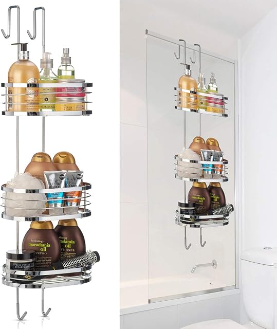 LIVIVO Stylish 3 Tier Hanging Over the Door Organiser Basket Chrome Shower Screen Oval Cubicle Toiletry Tidy Bathroom Caddy Storage Shelves Rack