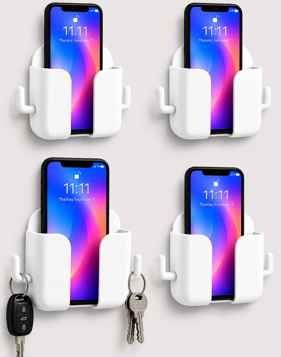 4 Pcs Mobile Stand for Wall | Wall Mounted Phone Holder with Dual Hooks | Self Adhesive Mobile Charging Stand | Wall Phone Holder for Charging, Key, Remote Storage for Office & Home, White-image-31