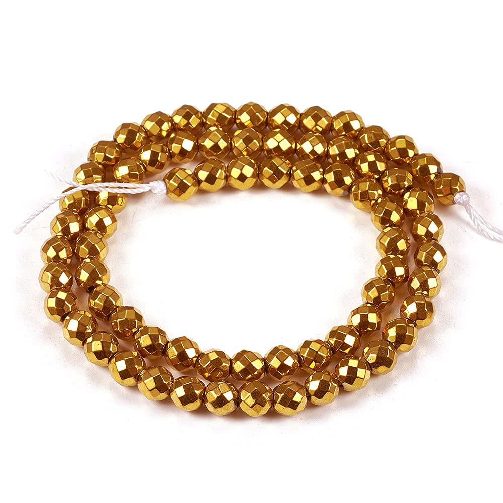 Cheriswelry 6mm Hematite (Non Magnetic) Bead Strand Golden Synthetic Hematite Faceted Stone Spacers for Jewellery Making, 68pcs/Strand
